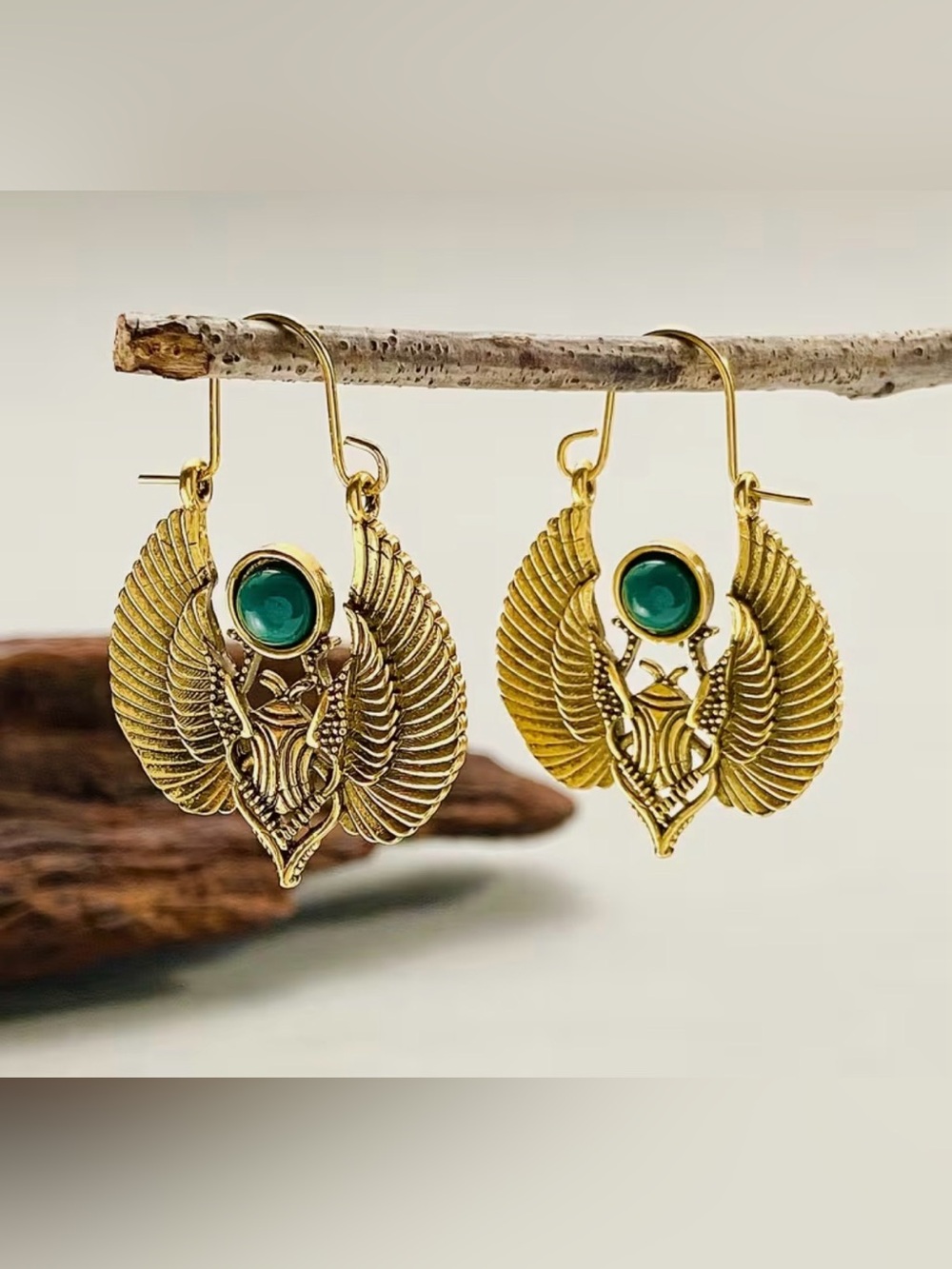 Gold Scarab Wing Earrings with Green Stone